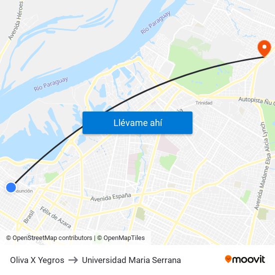 Oliva X Yegros to Universidad Maria Serrana map