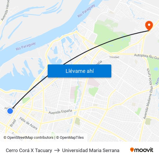 Cerro Corá X Tacuary to Universidad Maria Serrana map