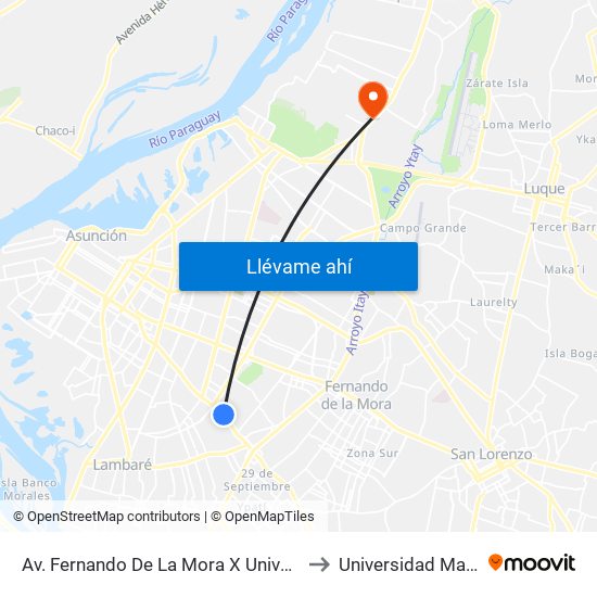 Av. Fernando De La Mora X Universitarios Del Chaco to Universidad Maria Serrana map