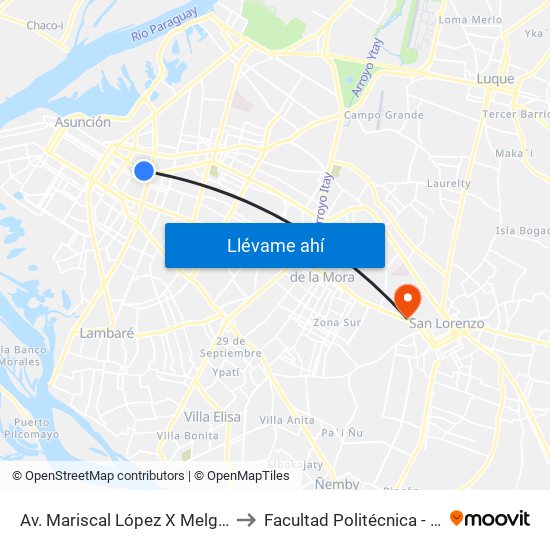 Av. Mariscal López X Melgarejo to Facultad Politécnica - UNA map