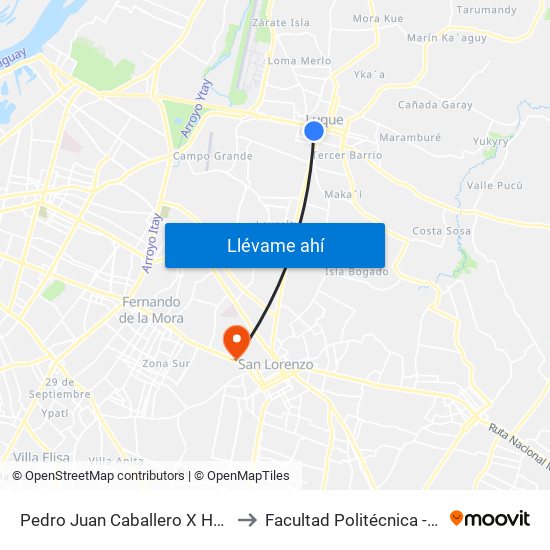 Pedro Juan Caballero X Herrera to Facultad Politécnica - UNA map