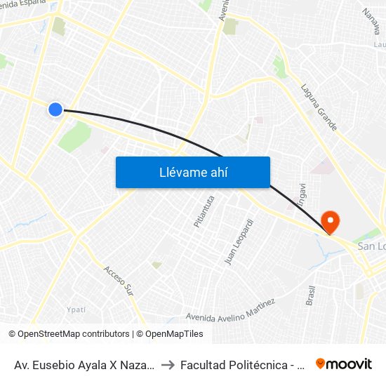 Av. Eusebio Ayala X Nazareth to Facultad Politécnica - UNA map