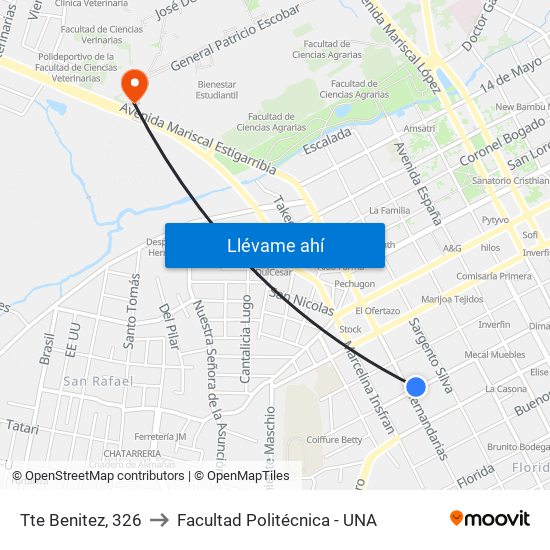 Tte Benitez, 326 to Facultad Politécnica - UNA map