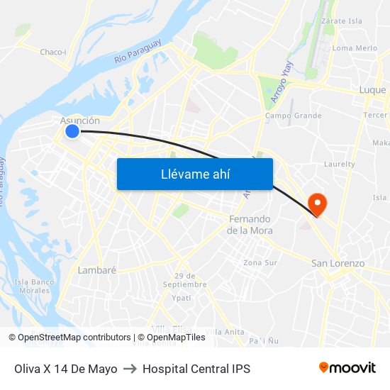 Oliva X 14 De Mayo to Hospital Central IPS map