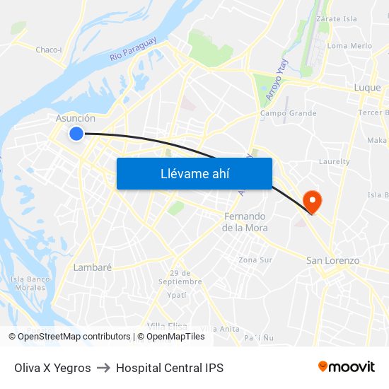 Oliva X Yegros to Hospital Central IPS map