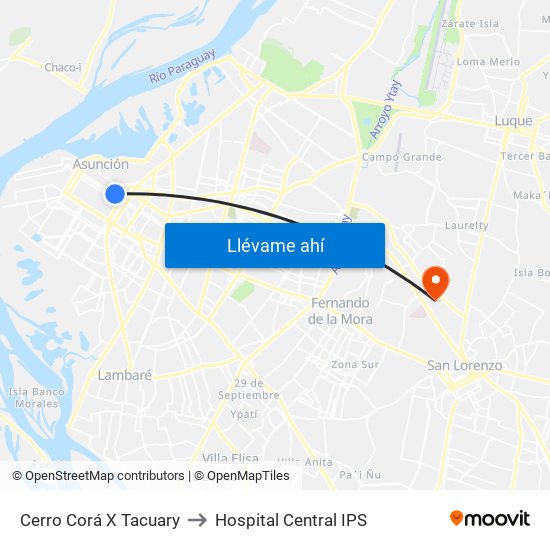 Cerro Corá X Tacuary to Hospital Central IPS map