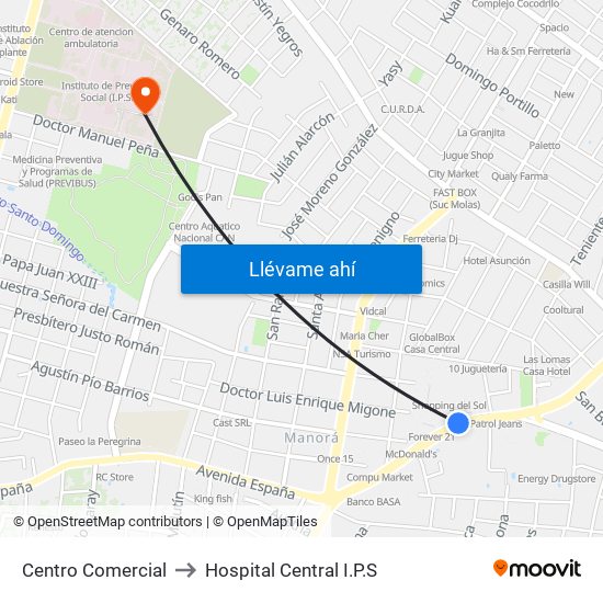 Centro Comercial to Hospital Central I.P.S map