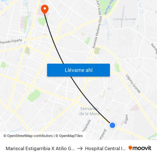 Mariscal Estigarribia X Atilio Galfre to Hospital Central I.P.S map
