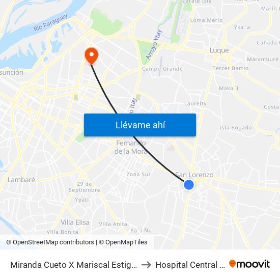 Miranda Cueto X Mariscal Estigarribia to Hospital Central I.P.S map