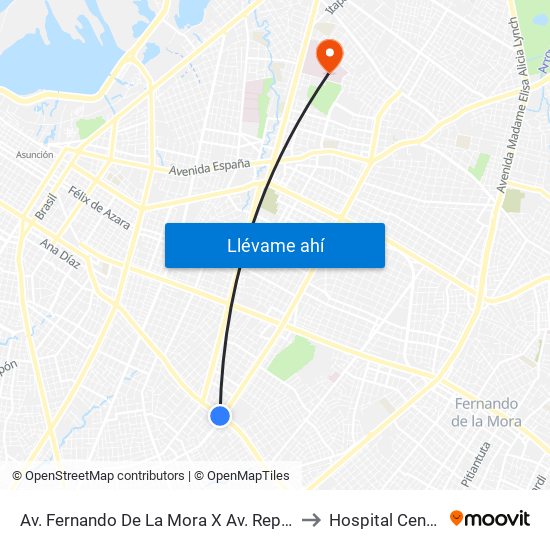 Av. Fernando De La Mora X Av. República Argentina to Hospital Central I.P.S map