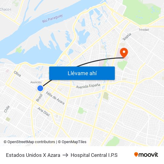 Estados Unidos X Azara to Hospital Central I.P.S map