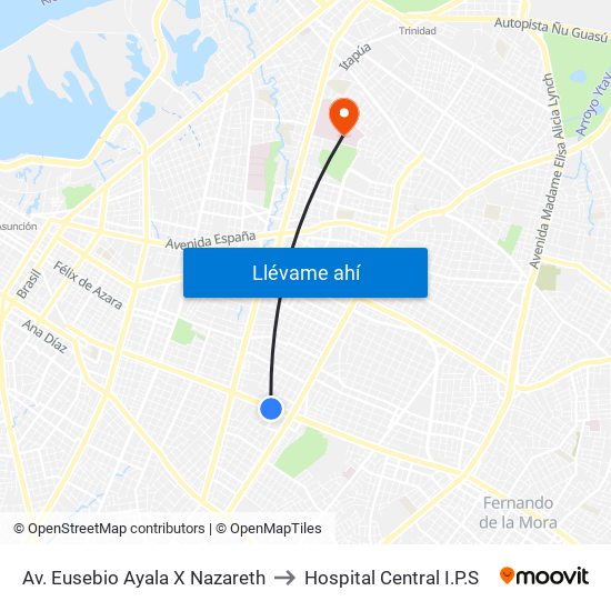 Av. Eusebio Ayala X Nazareth to Hospital Central I.P.S map