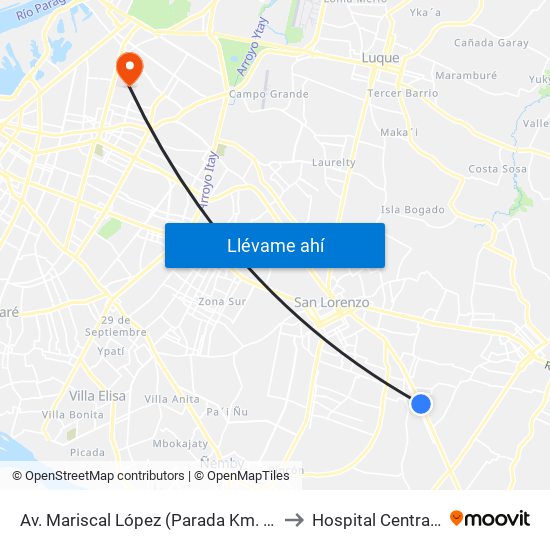 Av. Mariscal López (Parada Km. 17 (1/2)) to Hospital Central I.P.S map