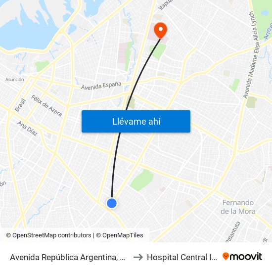 Avenida República Argentina, 3016 to Hospital Central I.P.S map