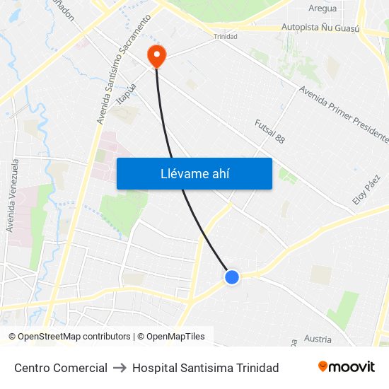 Centro Comercial to Hospital Santisima Trinidad map