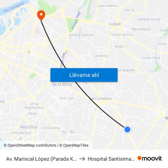 Av. Mariscal López (Parada Km. 17 (1/2)) to Hospital Santisima Trinidad map