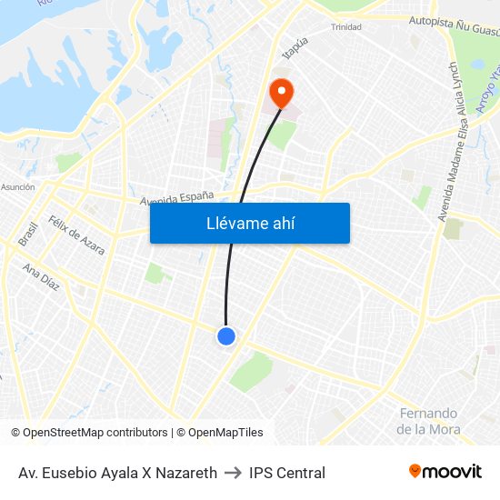 Av. Eusebio Ayala X Nazareth to IPS Central map