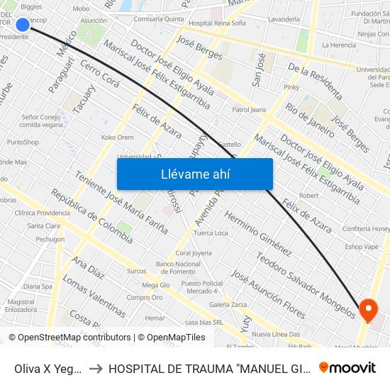 Oliva X Yegros to HOSPITAL DE TRAUMA "MANUEL  GIAGNI " map