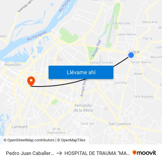 Pedro Juan Caballero X Herrera to HOSPITAL DE TRAUMA "MANUEL  GIAGNI " map