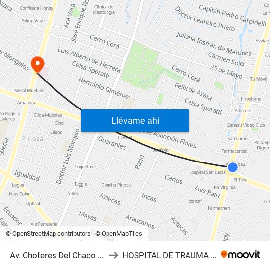 Av. Choferes Del Chaco X Av. Eusebio Ayala to HOSPITAL DE TRAUMA "MANUEL  GIAGNI " map