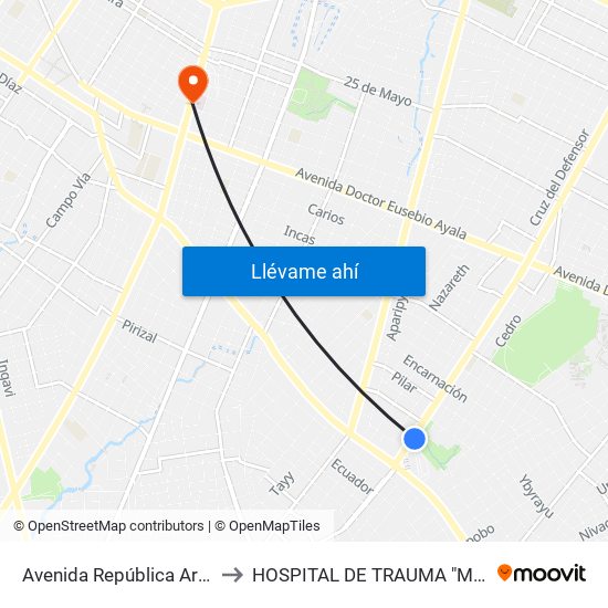 Avenida República Argentina, 3016 to HOSPITAL DE TRAUMA "MANUEL  GIAGNI " map