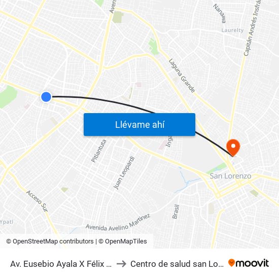 Av. Eusebio Ayala X Félix Lopéz to Centro de salud san Lorenzo map