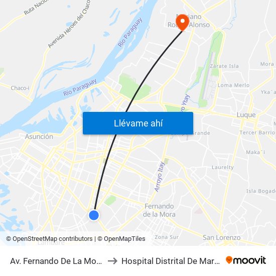 Av. Fernando De La Mora X Av. Argentina to Hospital Distrital De Mariano Roque Alonso map