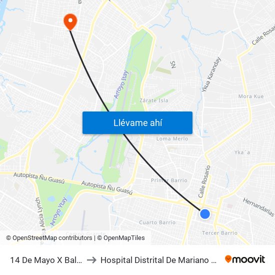 14 De Mayo X Balderrama to Hospital Distrital De Mariano Roque Alonso map