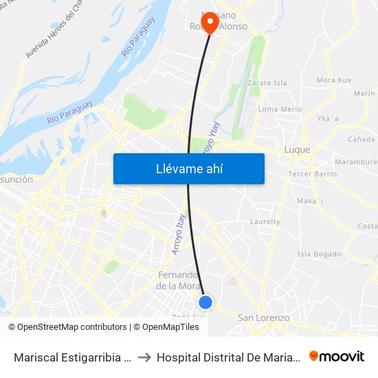 Mariscal Estigarribia X Atilio Galfre to Hospital Distrital De Mariano Roque Alonso map