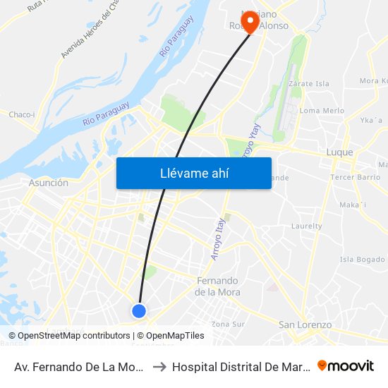 Av. Fernando De La Mora X De La Victoria to Hospital Distrital De Mariano Roque Alonso map