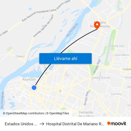 Estados Unidos X Azara to Hospital Distrital De Mariano Roque Alonso map