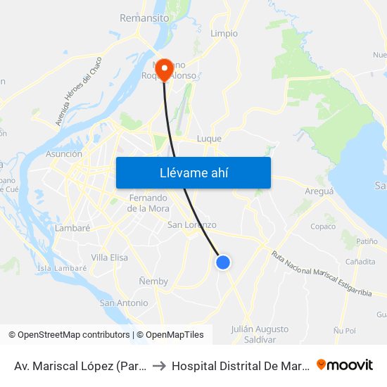 Av. Mariscal López (Parada Km. 17 (1/2)) to Hospital Distrital De Mariano Roque Alonso map