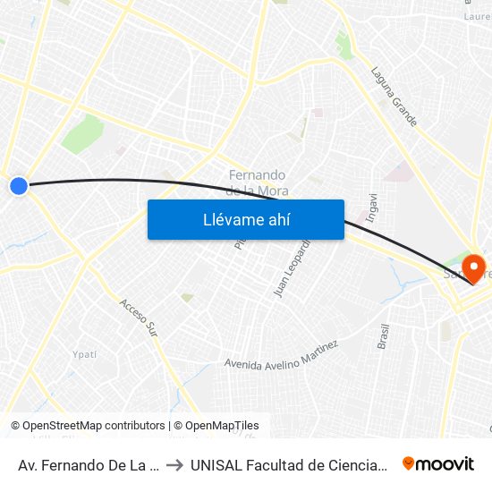 Av. Fernando De La Mora X Av. República Argentina to UNISAL Facultad de Ciencias Económicas, Empresariales y Tecnológicas. map