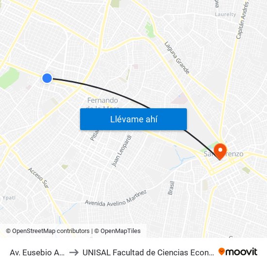 Av. Eusebio Ayala X Félix Lopéz to UNISAL Facultad de Ciencias Económicas, Empresariales y Tecnológicas. map