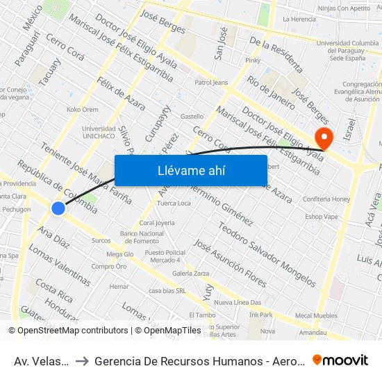 Av. Velasco X Brasil to Gerencia De Recursos Humanos - Aeropuerto Internacional Silvio Pettirossi map