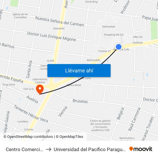 Centro Comercial to Universidad del Pacífico Paraguay map