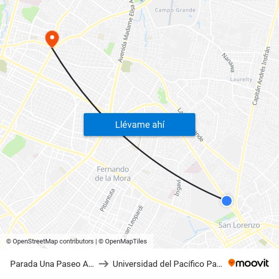 Parada Una Paseo Amelia to Universidad del Pacífico Paraguay map