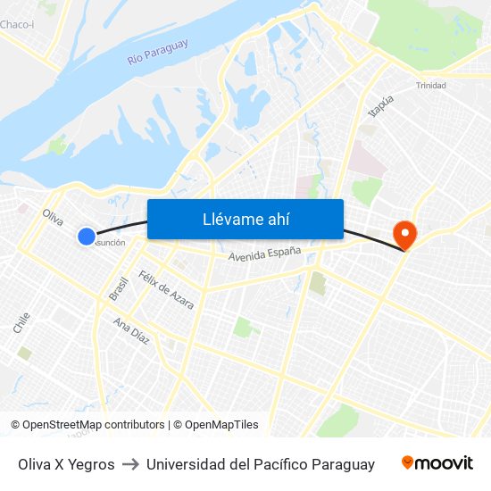 Oliva X Yegros to Universidad del Pacífico Paraguay map