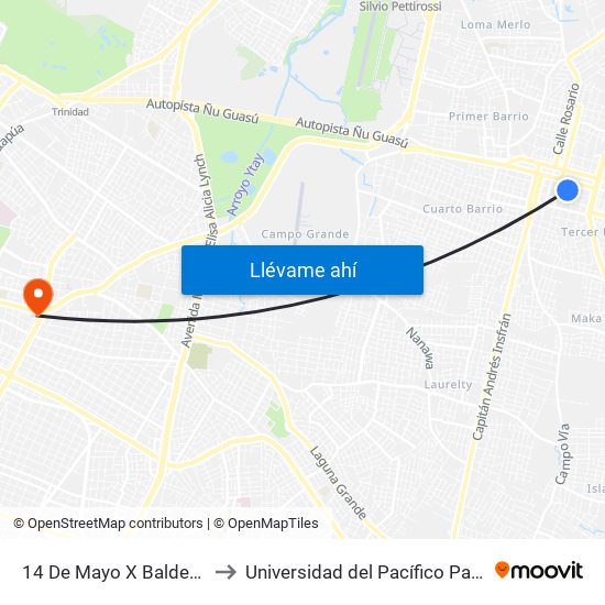 14 De Mayo X Balderrama to Universidad del Pacífico Paraguay map