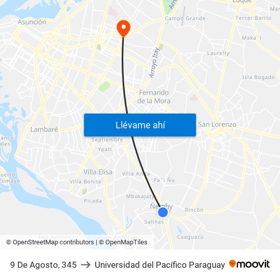 9 De Agosto, 345 to Universidad del Pacífico Paraguay map