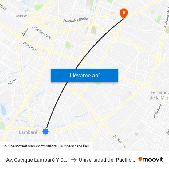 Av. Cacique Lambaré Y Calle Escobar to Universidad del Pacífico Paraguay map