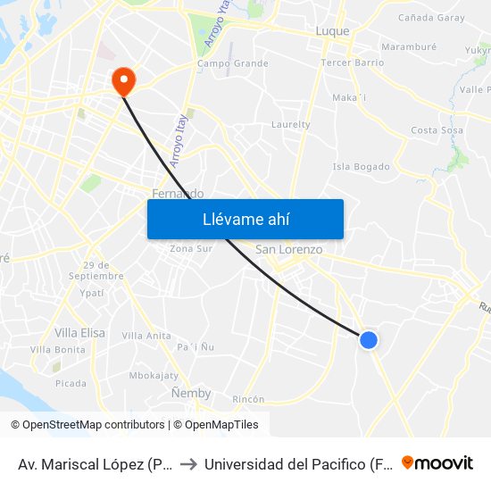 Av. Mariscal López (Parada Km. 17 (1/2)) to Universidad del Pacifico (Facultad de Odontologia) map