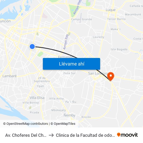 Av. Choferes Del Chaco X Av. Eusebio Ayala to Clinica de la Facultad de odontologia-Universidad del Pacifico map