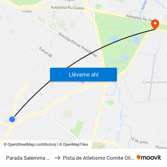 Parada Salemma Super Center to Pista de Atletismo Comite Olimpico Paraguayo map