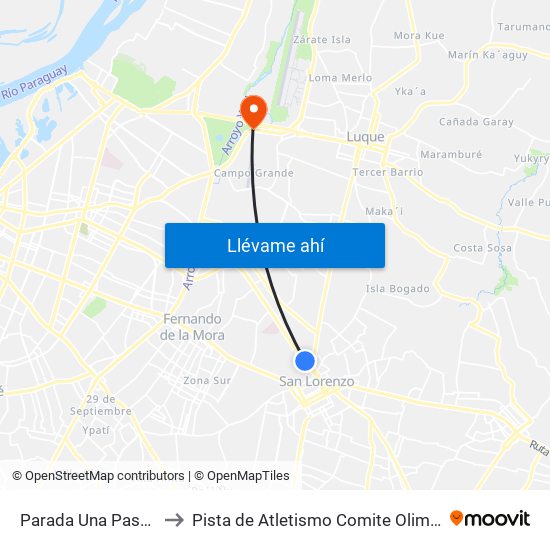 Parada Una Paseo Amelia to Pista de Atletismo Comite Olimpico Paraguayo map