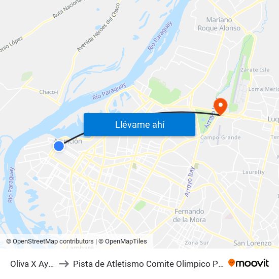 Oliva X Ayolas to Pista de Atletismo Comite Olimpico Paraguayo map