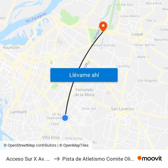 Acceso Sur X Av. Zavalas Cué to Pista de Atletismo Comite Olimpico Paraguayo map