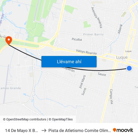 14 De Mayo X Balderrama to Pista de Atletismo Comite Olimpico Paraguayo map