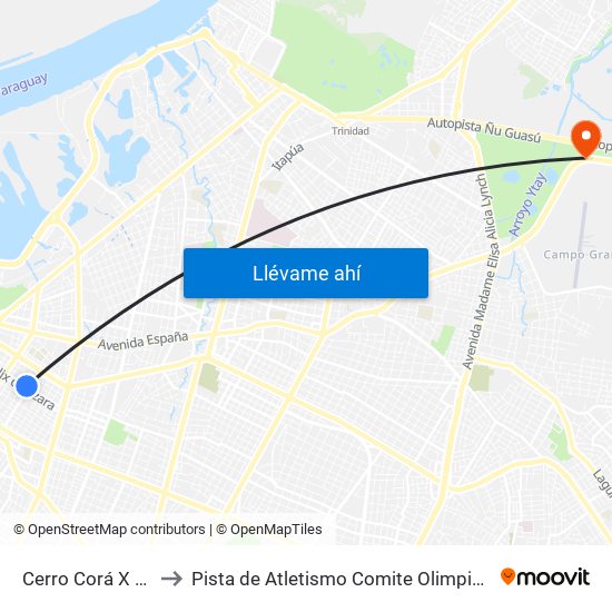 Cerro Corá X Aquino to Pista de Atletismo Comite Olimpico Paraguayo map