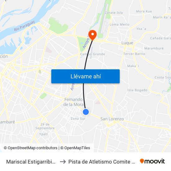 Mariscal Estigarribia X Atilio Galfre to Pista de Atletismo Comite Olimpico Paraguayo map